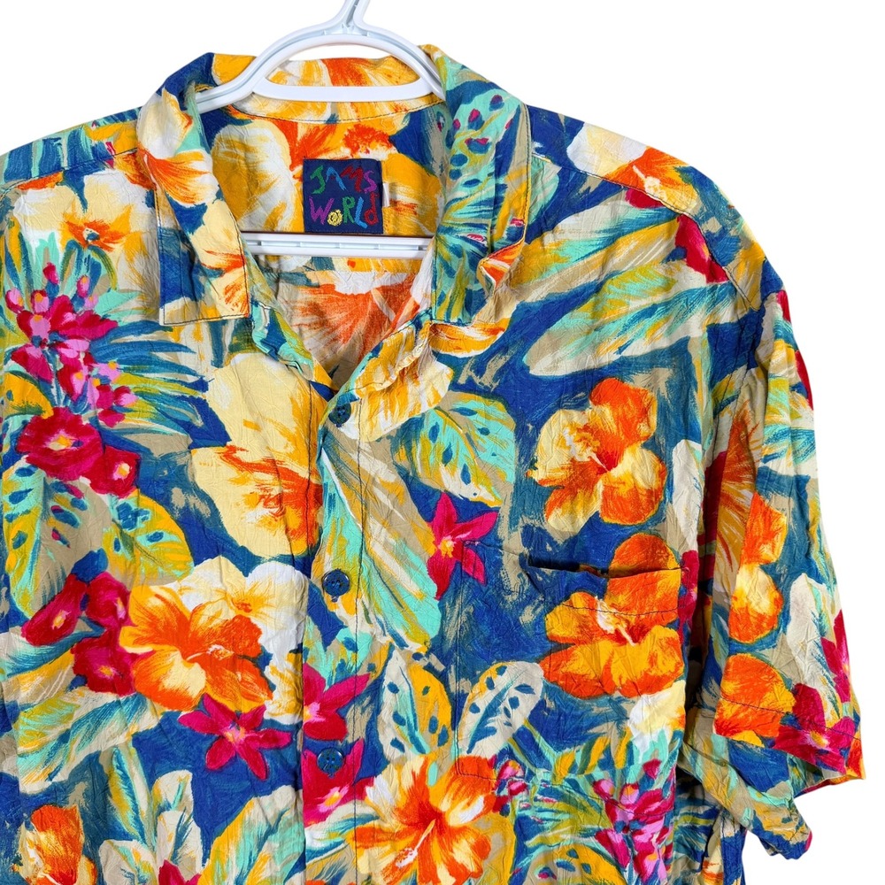 Rare Vintage Jams World Floral Hawaiian Shirt Mens XL Hibiscus Kabe Crepe Rayon